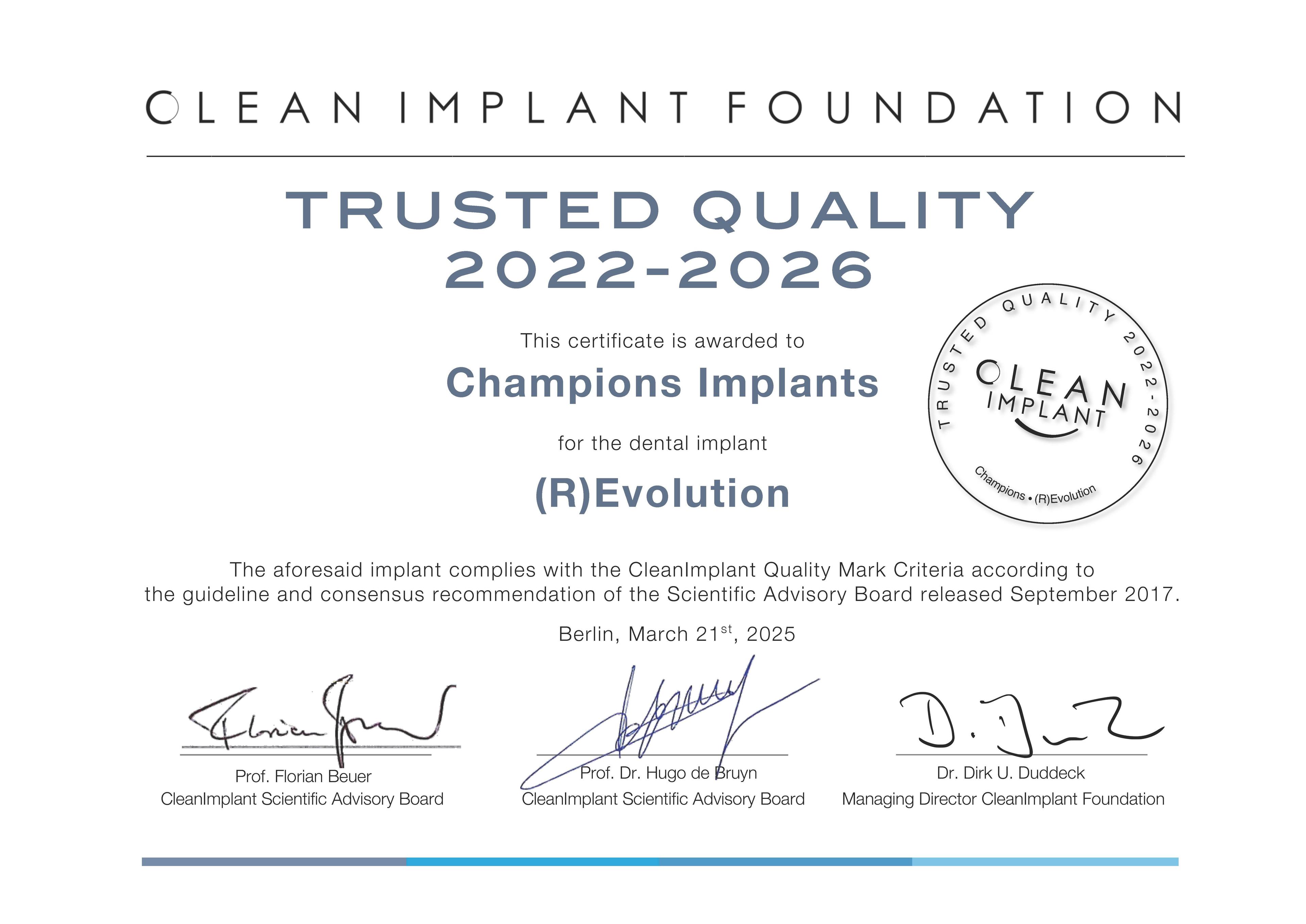 CleanImplant Foundation Champions (R)Evolution – Trusted Quality 2022-2026