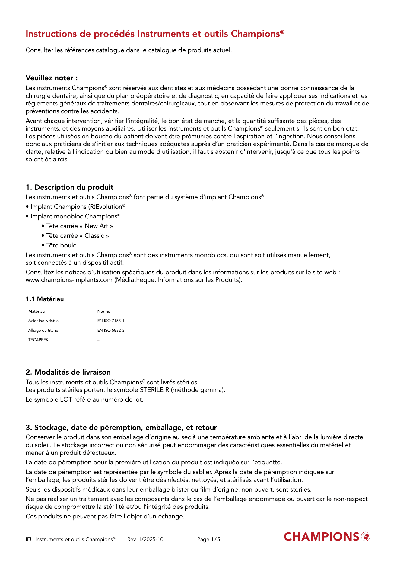 Champions instruments et outils