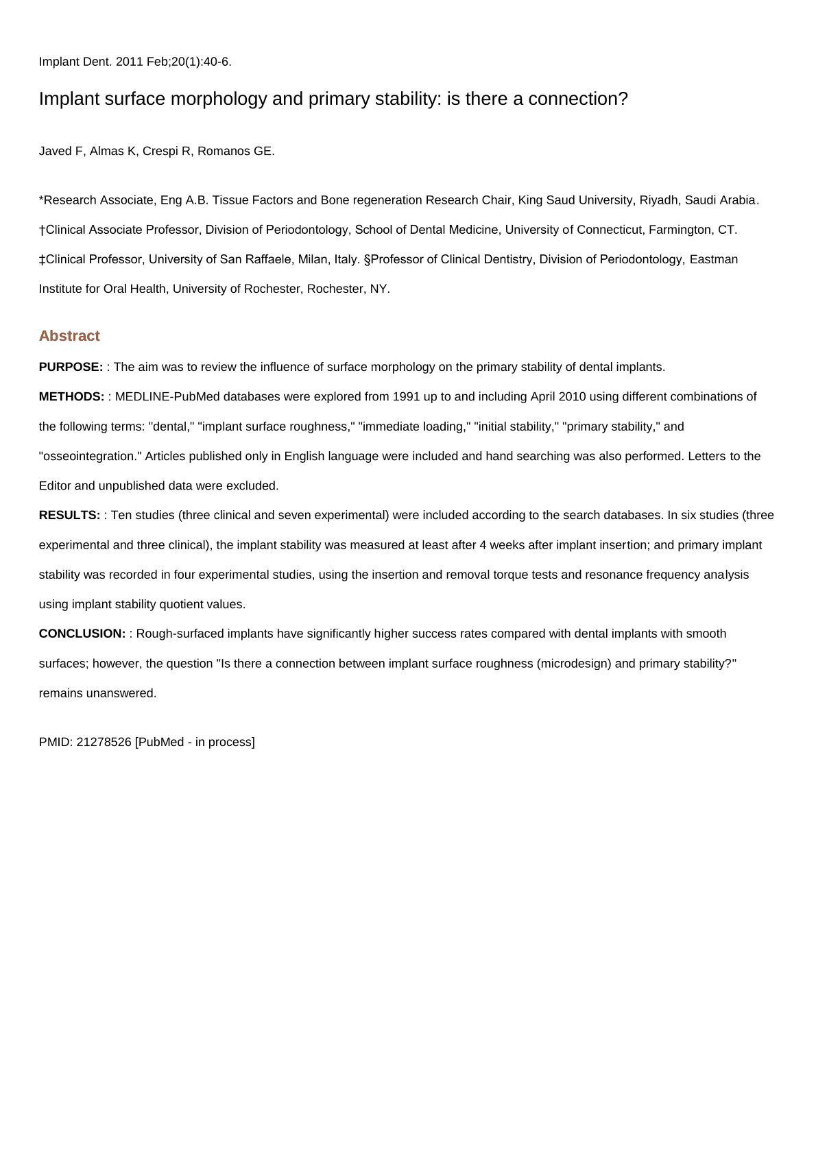 Implant surface morphology and primary stability: is there a connection? 2011-02