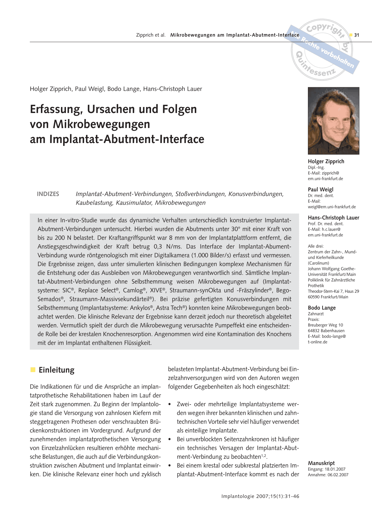 Erfassung, Ursachen und Folgen von Mikrobewegungen am Implantat-Abutment-Interface - Studie zum Mikrospalt 2011-05