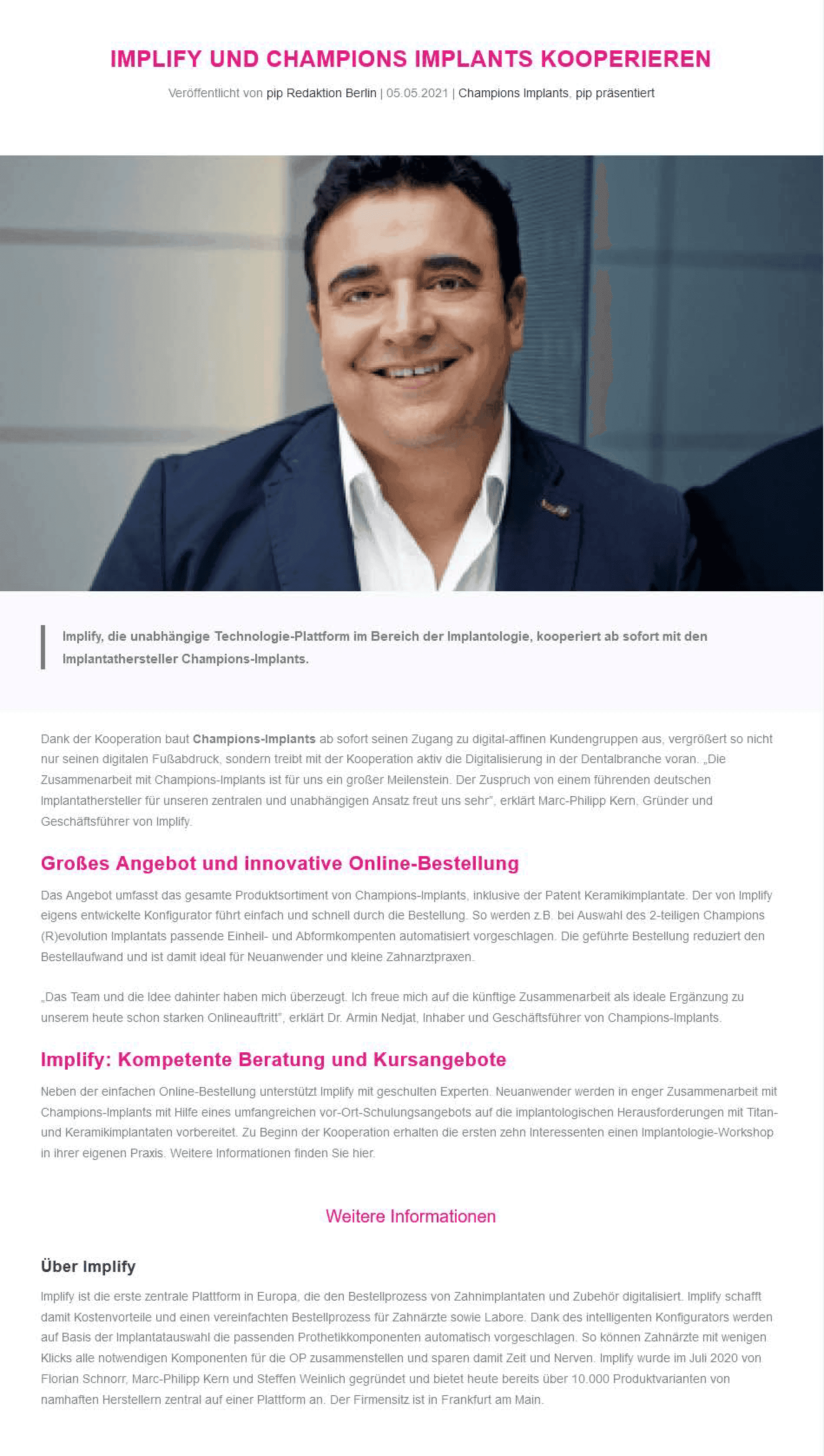 Implify und Champions Implants kooperieren