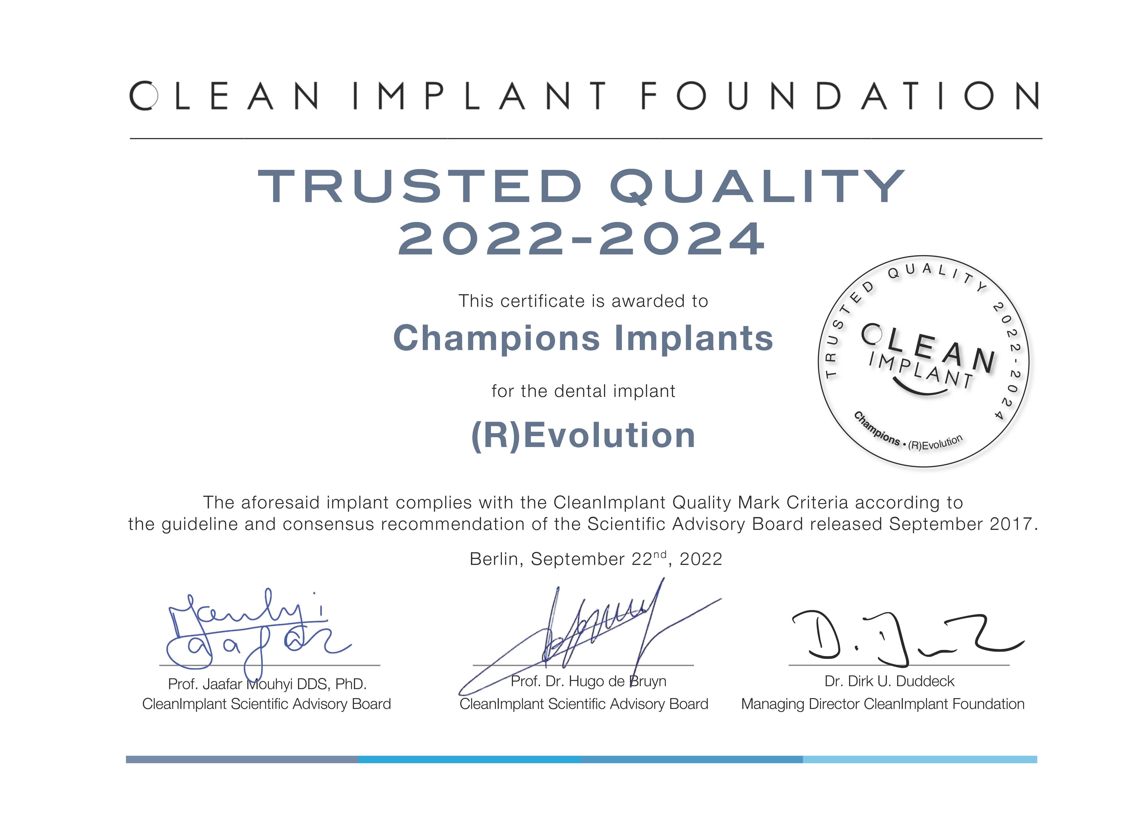 CleanImplant Foundation Champions (R)Evolution – Trusted Quality 2022-2024